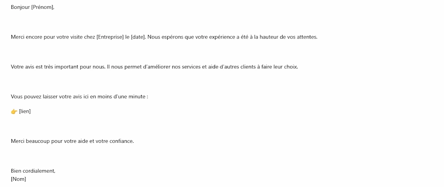Modèle de demande d'avis Google par email