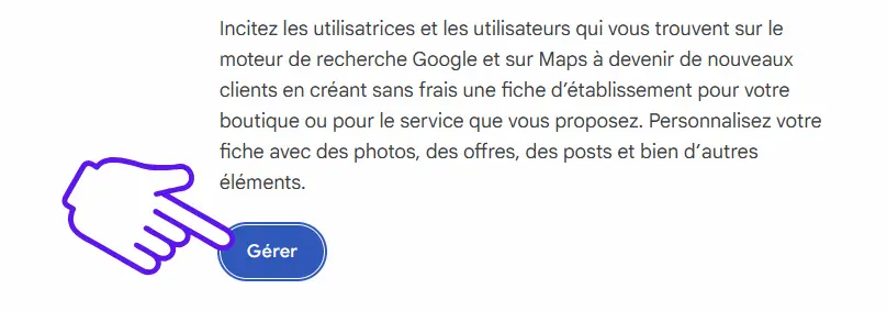 Cliquez sur "Gérer" pour créer une fiche Google Business Profile