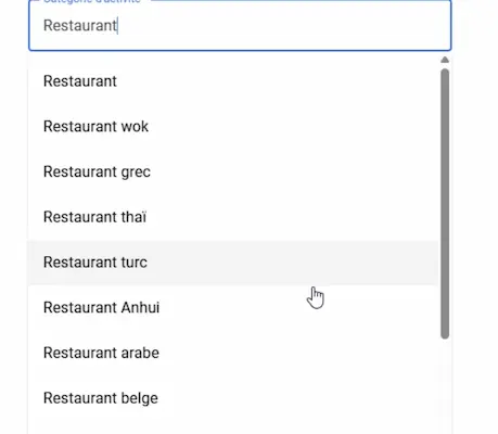 Liste déroulante pour créer une fiche Google Business Profile