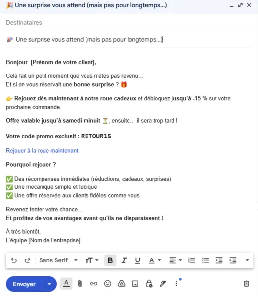 Exemple de mail automatique Up review pour relancer les clients après un jeu