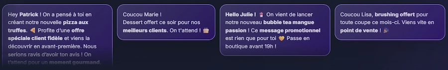 Exemples de SMS personnalisés envoyés aux clients pour les faire revenir et solliciter un avis