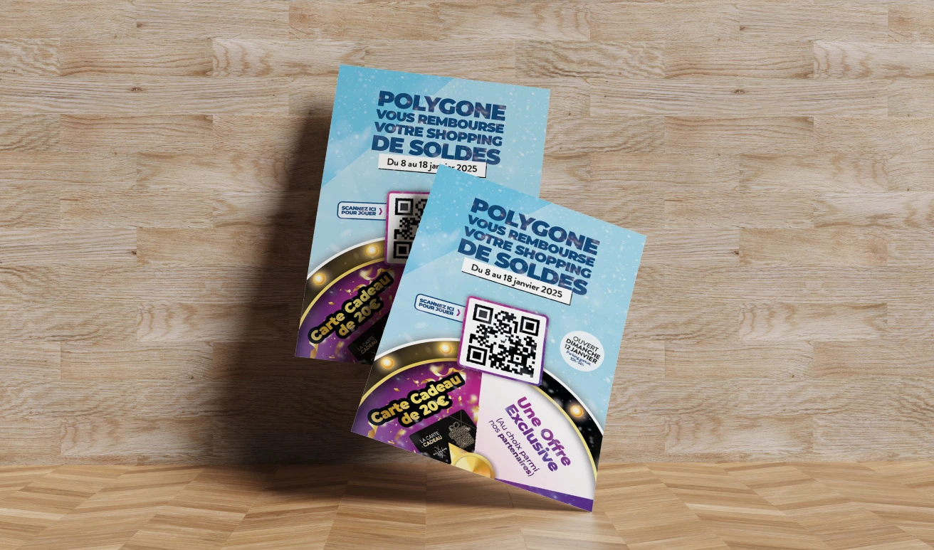 Flyers A5 du jeu concours Polygone avec QR code et carte cadeau de 20 euros à gagner