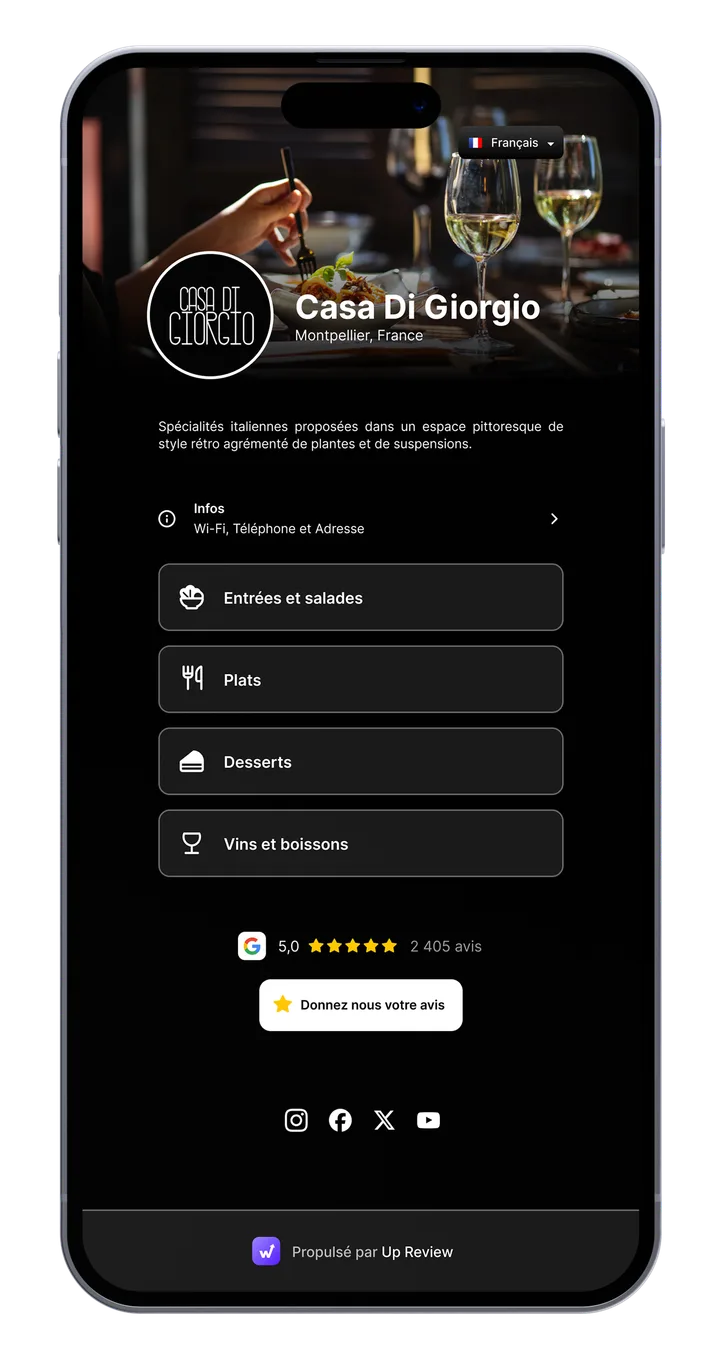 Menu digital du restaurant affiché sur un smartphone après scan du QR code