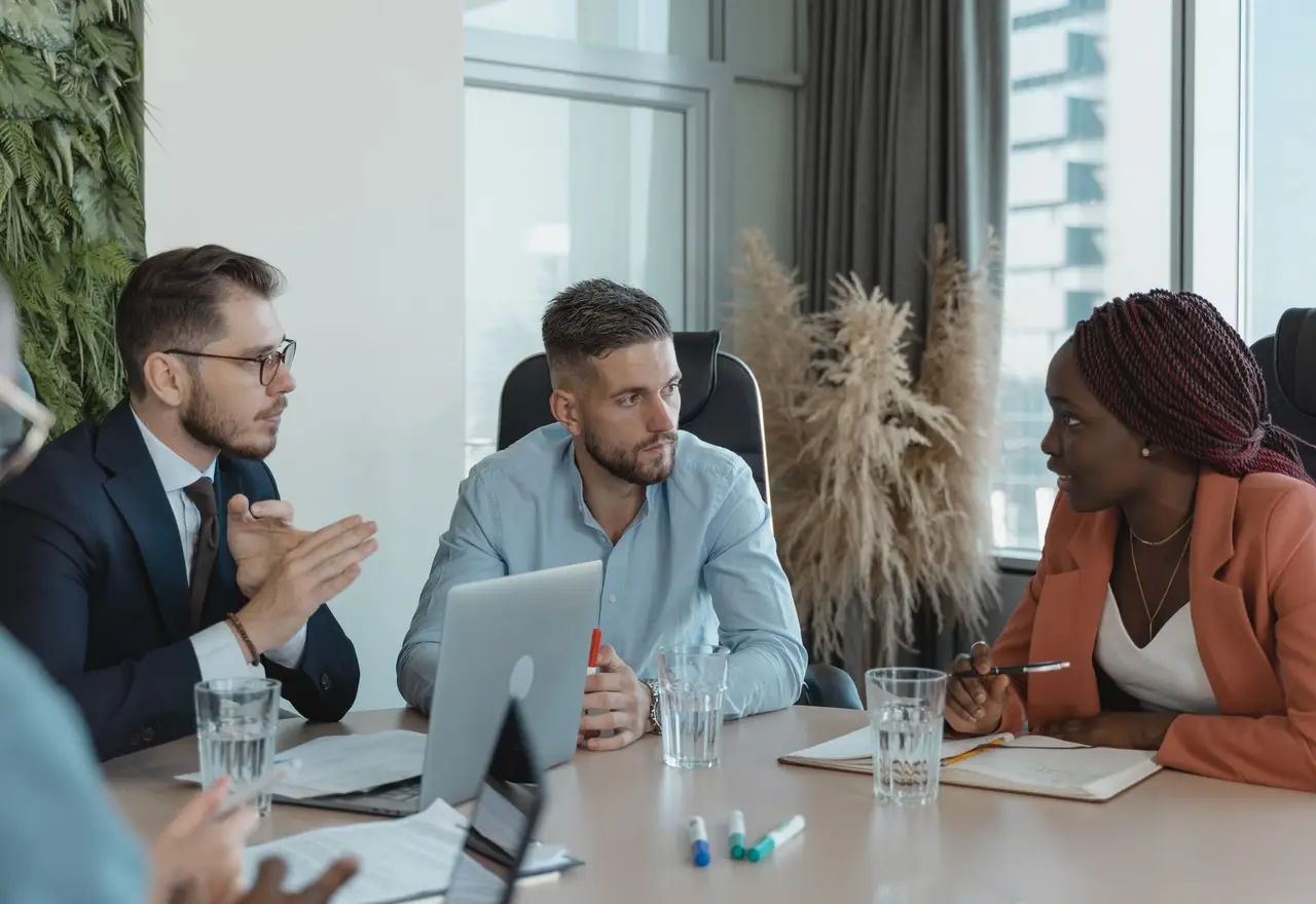 Équipe d'une grande entreprise en réunion dans des bureaux modernes